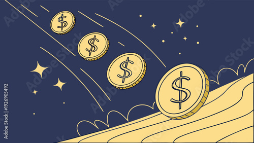 Falling gold dollar coins on dark digital background, abstract jackpot celebration in polygonal 3D vector style.