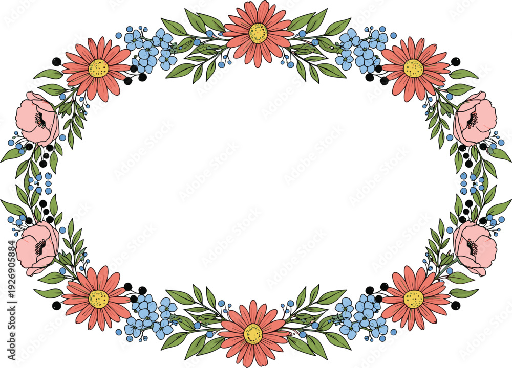 Obraz premium Hand Drawn Floral Oval Wreath Frame with Coral Daisies, Pink Poppies, and Blue Forget-Me-Nots for Wedding Invitations, Stationery, and Romantic Spring Branding