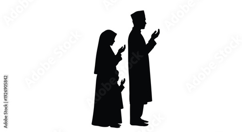 Muslim couple in prayer hands raised to heaven black silhouette