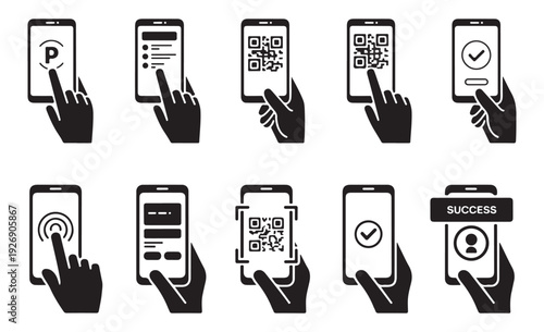 Set of mobile payment and QR code icons, contactless payment, smartphone transaction