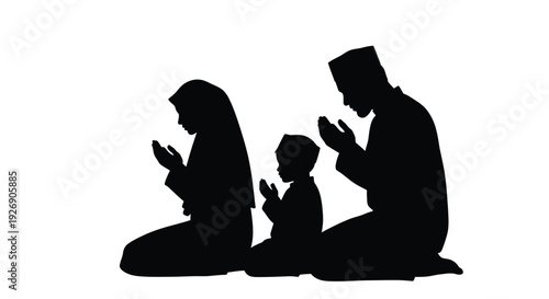 Muslim family praying together a striking black silhouette