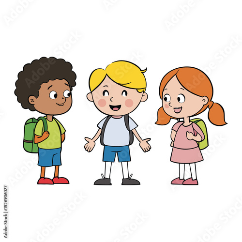School kids gather in cheerful groups, chatting and sharing stories with bright smiles. Their lively conversations fill the playground with friendship, laughter, and joy. 