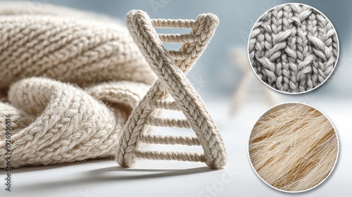 Frosty Beige Knitted Dna Structure with White Overlay and Macro Detail Circles on Blurred Blue and White Background