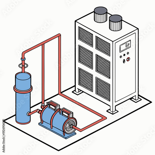 Isometric Vector Illustration of Industrial HVAC or Refrigeration System, Including an Outdoor Unit, Pump, and Storage Tank with Connecting Pipes