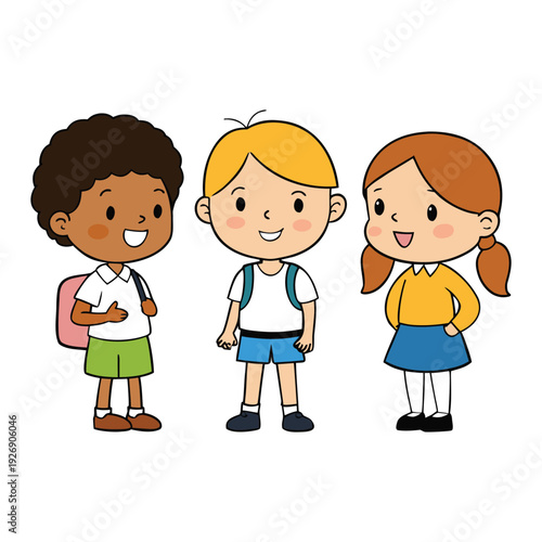 School kids gather in cheerful groups, chatting and sharing stories with bright smiles. Their lively conversations fill the playground with friendship, laughter, and joy. 