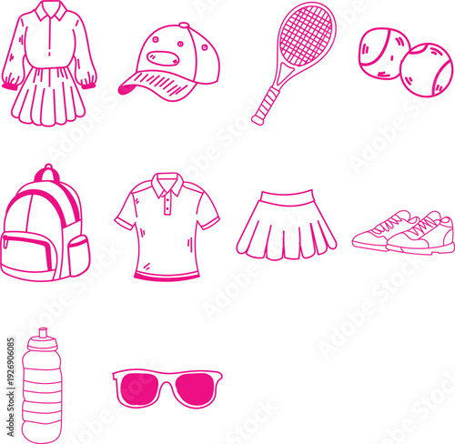 Collection of essential pink doodle icons representing various tennis and athletic apparel gear and necessary sporting equipment for match day preparation