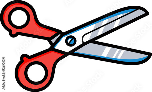 Red handled scissors with open blades ready for cutting.