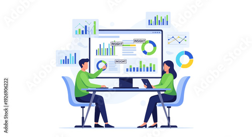 Business meeting analyzing financial data on computer screen.