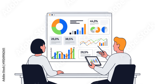 Business meeting analyzing financial data on screen.