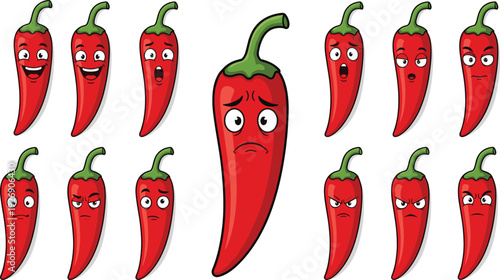 Set of thirteen red hot chili pepper cartoon characters with different facial expressions including sad, happy, angry, and surprised isolated on white background.