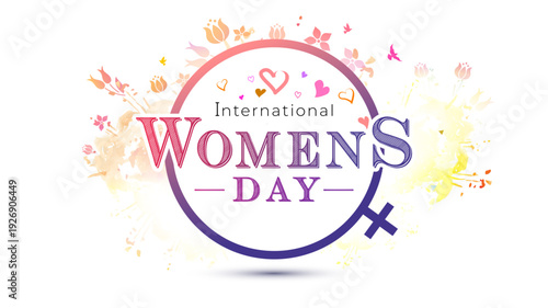 Creative concept for International Women's Day text with woman sign symbol and logo design.
