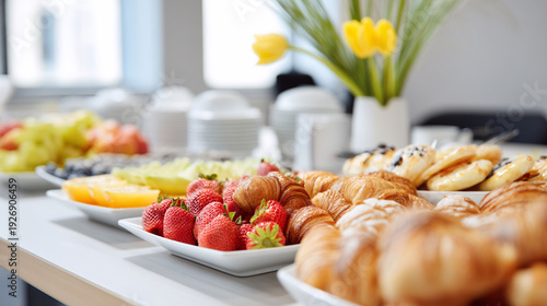 A variety of fresh fruits and pastries on a breakfast buffet table setting