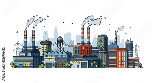 Industrial cityscape illustration depicting factories with smoke stacks and pollution.