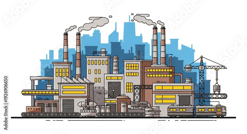 Industrial complex with factories and chimneys producing smoke in an urban environment.