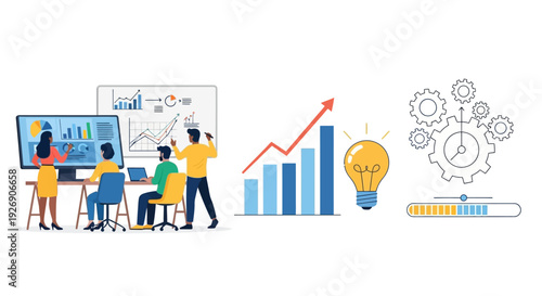 Business meeting and data analysis with growth chart and lightbulb idea.