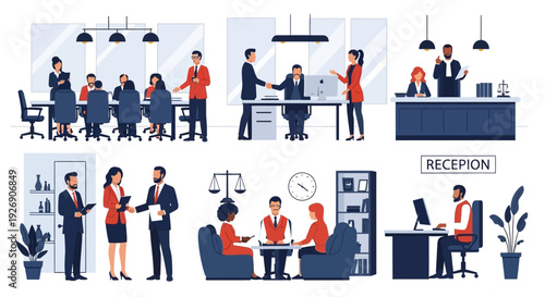 Business meeting and office scenes with diverse professionals collaborating.