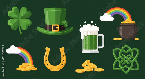 St patrick's day icons including green hat shamrock rainbow pot of gold beer horseshoe and celtic knot on dark green background with gold coins and foamy mug