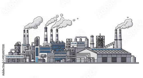 Detailed illustration of an industrial factory with smoke stacks and buildings.