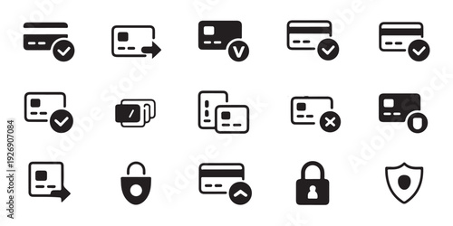 Set of credit card and debit card icons, payment, security, transaction symbols