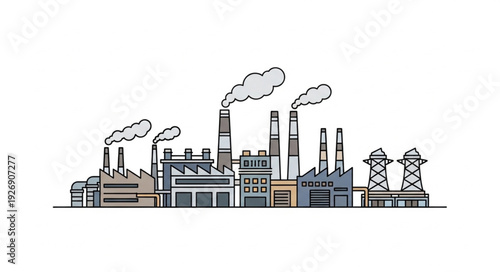 Industrial complex illustration depicting factories with smoke stacks and power lines.