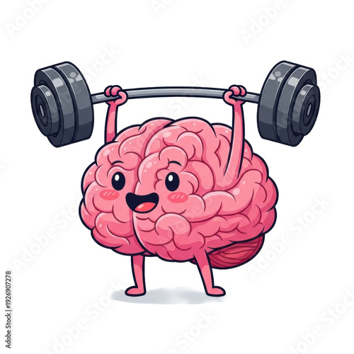 A vibrant pink anthropomorphic cartoon brain with rosy cheeks and a wide smile confidently lifts a grey barbell overhead, isolated on a transparent background with copy space, symbolizing mental
