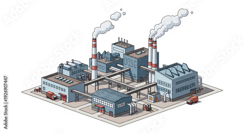 Industrial complex with smokestacks emitting pollution into the atmosphere, pixel art.