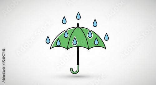 Green umbrella with raindrops on white background symbolizing protection and weather
