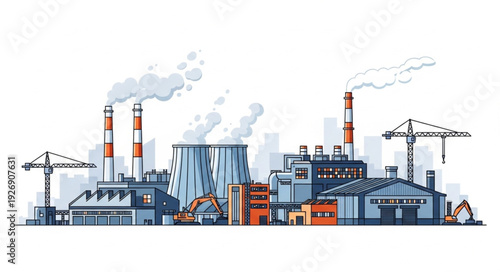 Industrial complex with chimneys emitting smoke into the atmosphere, pollution.
