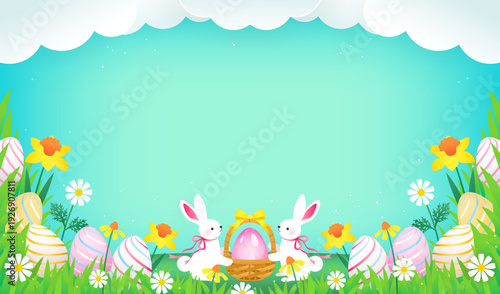 Easter frame background Vector illustration. Two little bunnies holding easter basket.