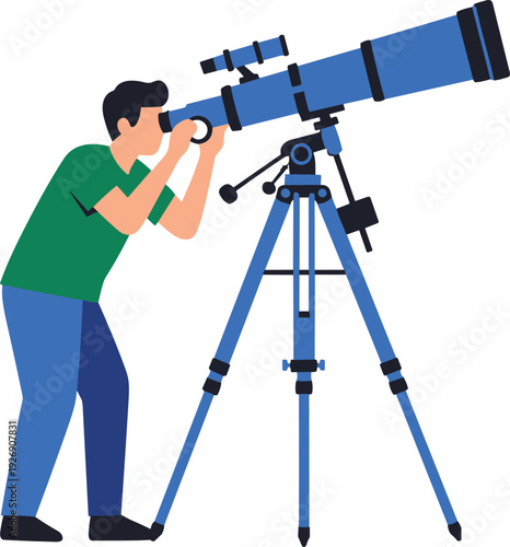 Man looking through telescope on tripod, astronomy observation concept flat vector illustration isolated on white background