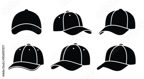 Collection of baseball caps in various styles black silhouette