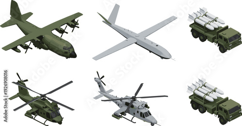 Military aircraft, helicopter and missile launcher truck set, army defense equipment vector illustration isolated on white background