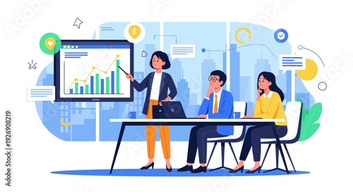 Business meeting presentation with charts and data analysis.