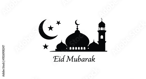 Eid mubarak greeting with crescent moon stars and mosque silhouette