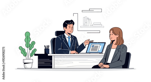 Business meeting between a man and a woman discussing a project.