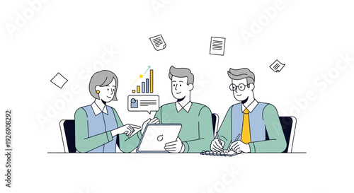 Business meeting with diverse team discussing strategy and data.