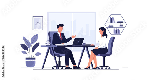 Business meeting between man and woman in office setting.