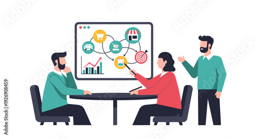 Business meeting with a flowchart presentation.