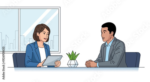 Business meeting between two professionals in an office setting.