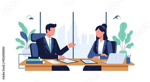 Business meeting between two professionals in office setting.