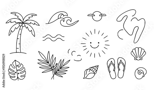 Minimal Groovy Beach Line Art Vector Set Palm Ocean Sun Doodles
