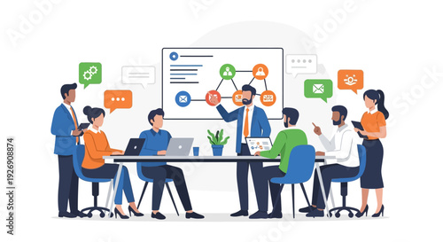 Business meeting with diverse team discussing strategy on whiteboard.