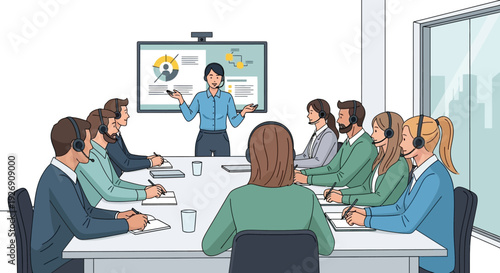 Business meeting with diverse team in conference room.