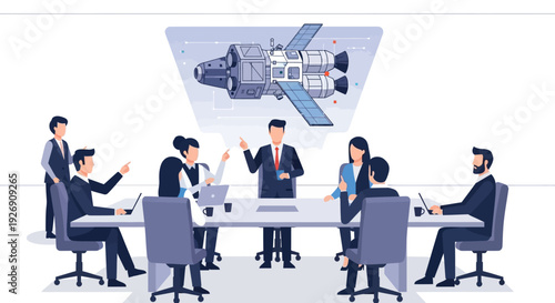 Business meeting discussing satellite technology project development.