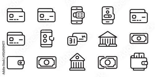 Linear bank and payment icons collection for accounting website design and mobile interface