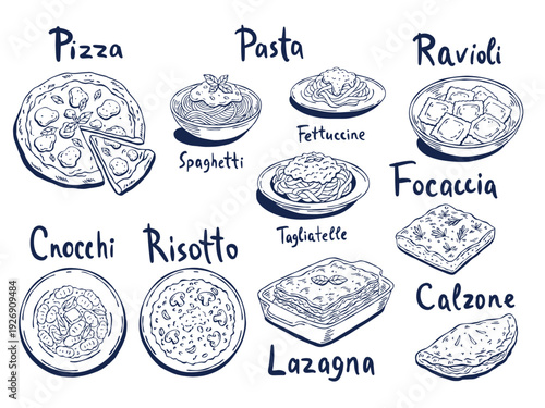 Hand-drawn line art vector set of classic Italian dishes: pizza, pasta (spaghetti, fettuccine, tagliatelle), lasagna, ravioli, gnocchi, risotto, focaccia, calzone. Perfect for menus and cards