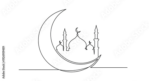Minimalist line drawing of a mosque and crescent moon silhouette