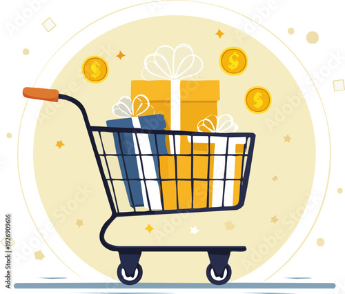 Shopping cart filled with beautifully wrapped gift boxes and golden coins against a light yellow circular background, symbolizing online gift shopping.