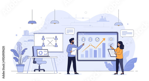 Business meeting with data analysis and presentation.