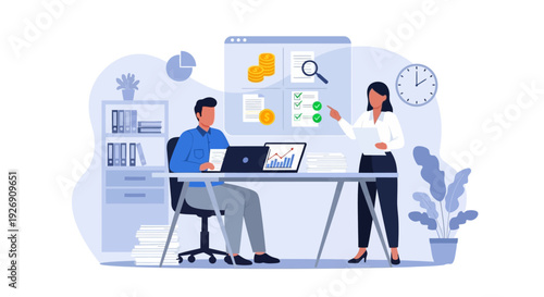 Business meeting with data analysis and presentation.